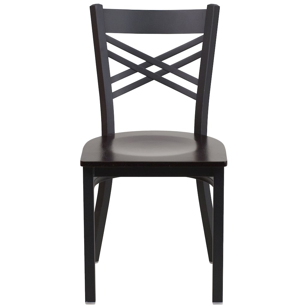 Black ''X'' Back Metal Restaurant Chair - Walnut Wood Seat