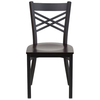 Black ''X'' Back Metal Restaurant Chair - Walnut Wood Seat