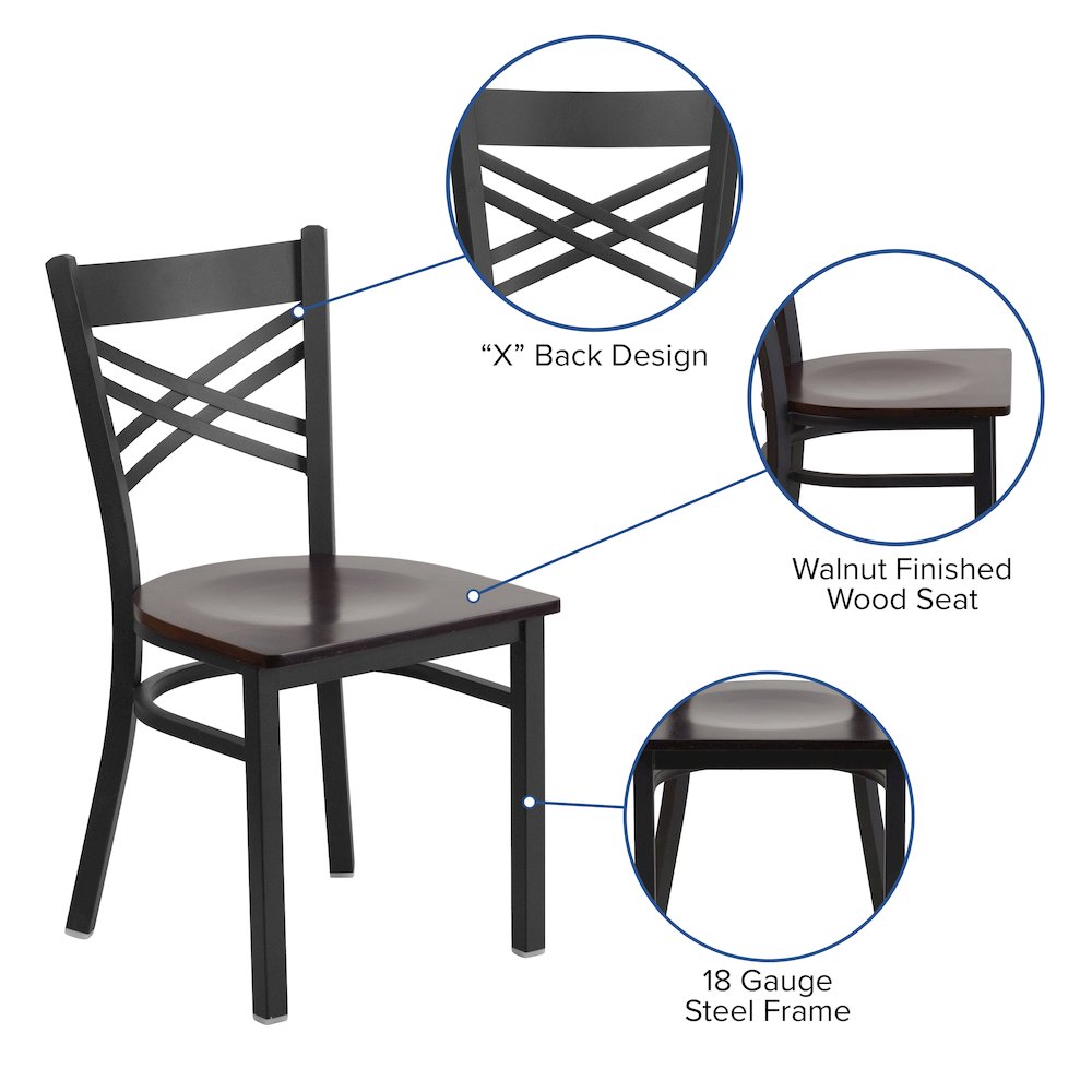 Black ''X'' Back Metal Restaurant Chair - Walnut Wood Seat