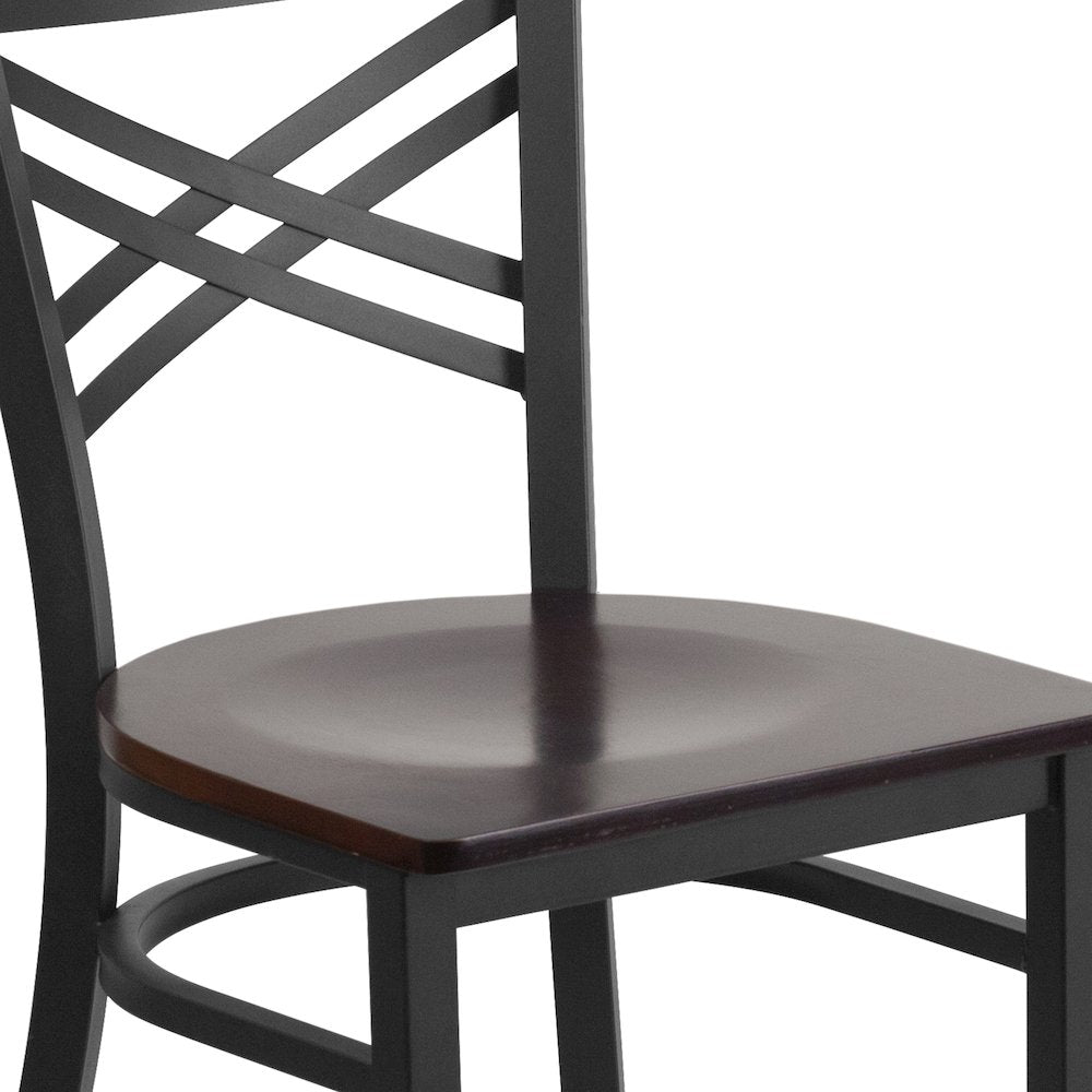 Black ''X'' Back Metal Restaurant Chair - Walnut Wood Seat