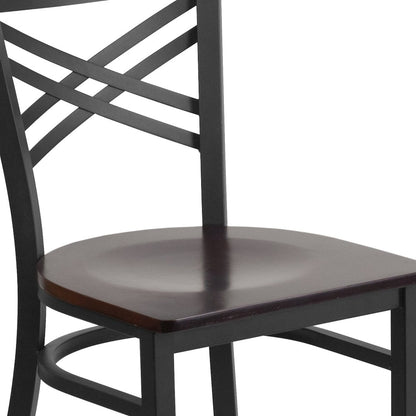 Black ''X'' Back Metal Restaurant Chair - Walnut Wood Seat