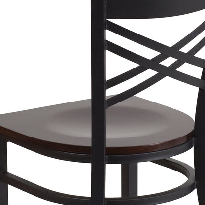 Black ''X'' Back Metal Restaurant Chair - Walnut Wood Seat