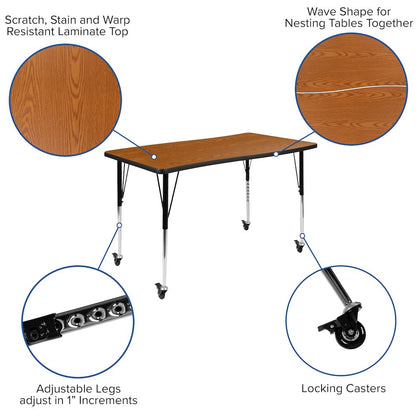 Mobile 28"W x 47.5"L Rectangle Oak Activity Table-Standard Height Adjust Legs