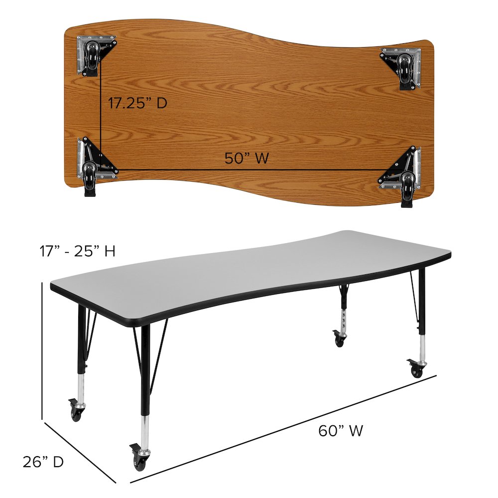 Mobile 26"W x 60"L Rectangle Grey Activity Table - Height Adjust Short Legs