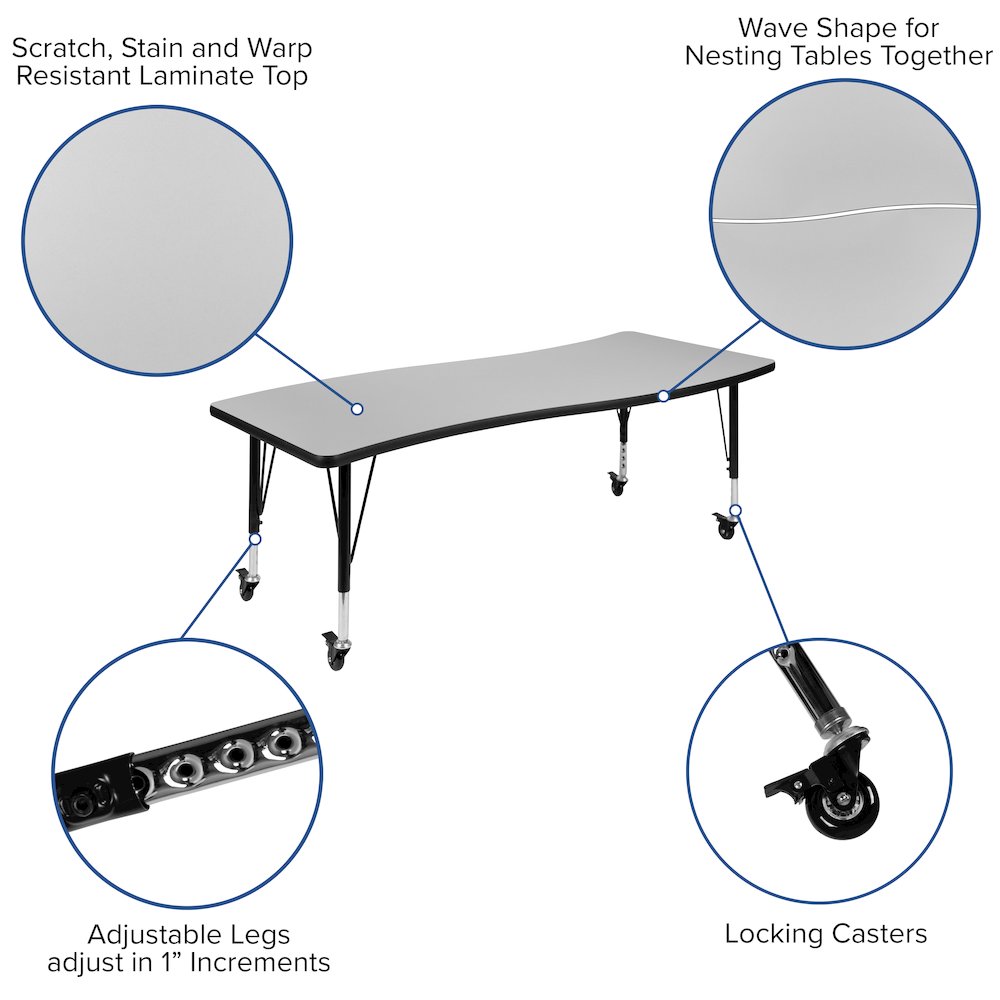 Mobile 26"W x 60"L Rectangle Grey Activity Table - Height Adjust Short Legs