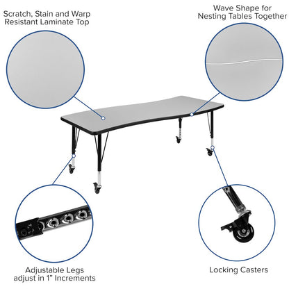 Mobile 26"W x 60"L Rectangle Grey Activity Table - Height Adjust Short Legs