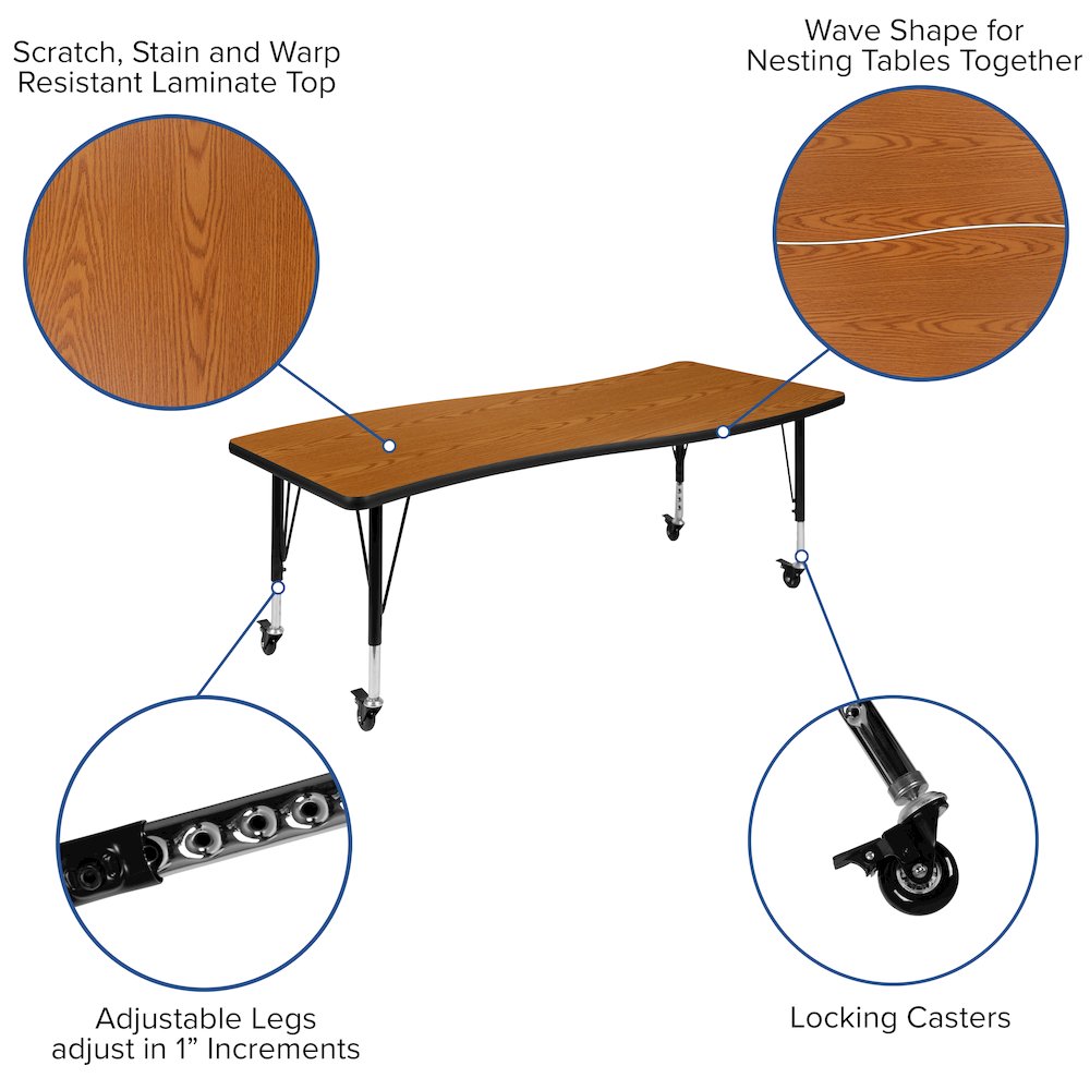 Mobile 26"W x 60"L Rectangle Oak Activity Table - Height Adjust Short Legs