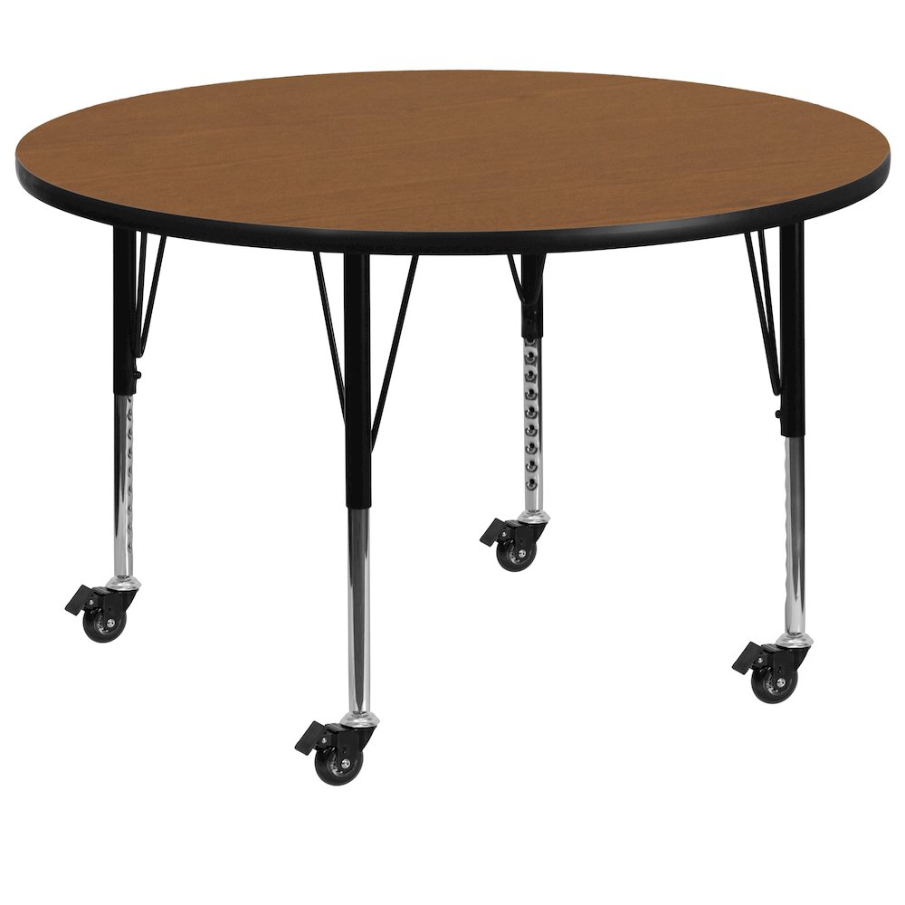 Mobile 48'' Round Oak Thermal Activity Table - Height Adjustable Short Legs