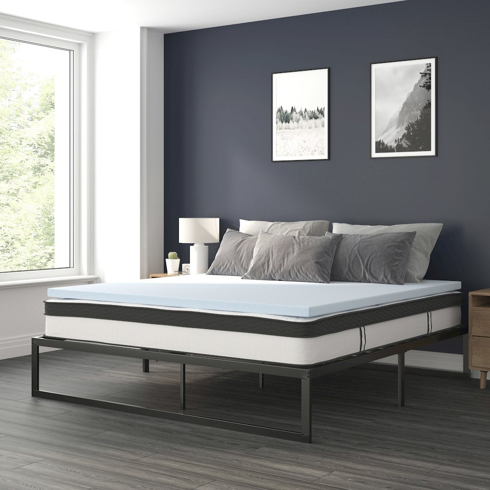 14 in Metal Platform Bed Frame and 3 in Cool Gel Memory Foam Topper - King