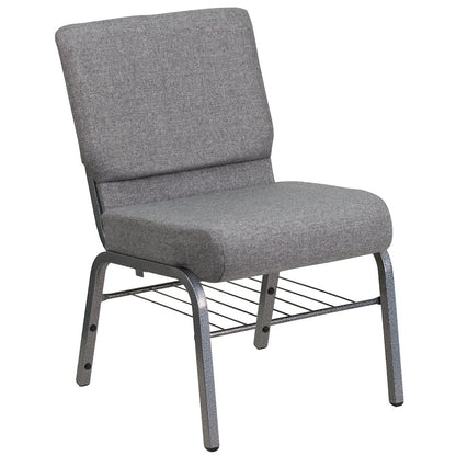 21''W Church Chair in Gray Fabric with Book Rack - Silver Vein Frame