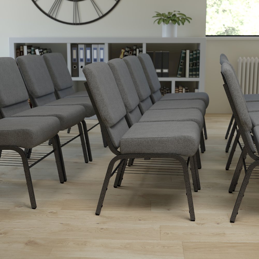 21''W Church Chair in Gray Fabric with Book Rack - Silver Vein Frame