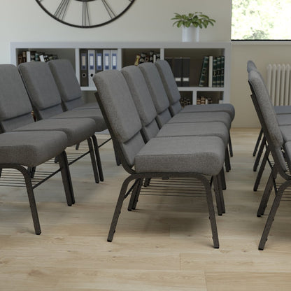 21''W Church Chair in Gray Fabric with Book Rack - Silver Vein Frame