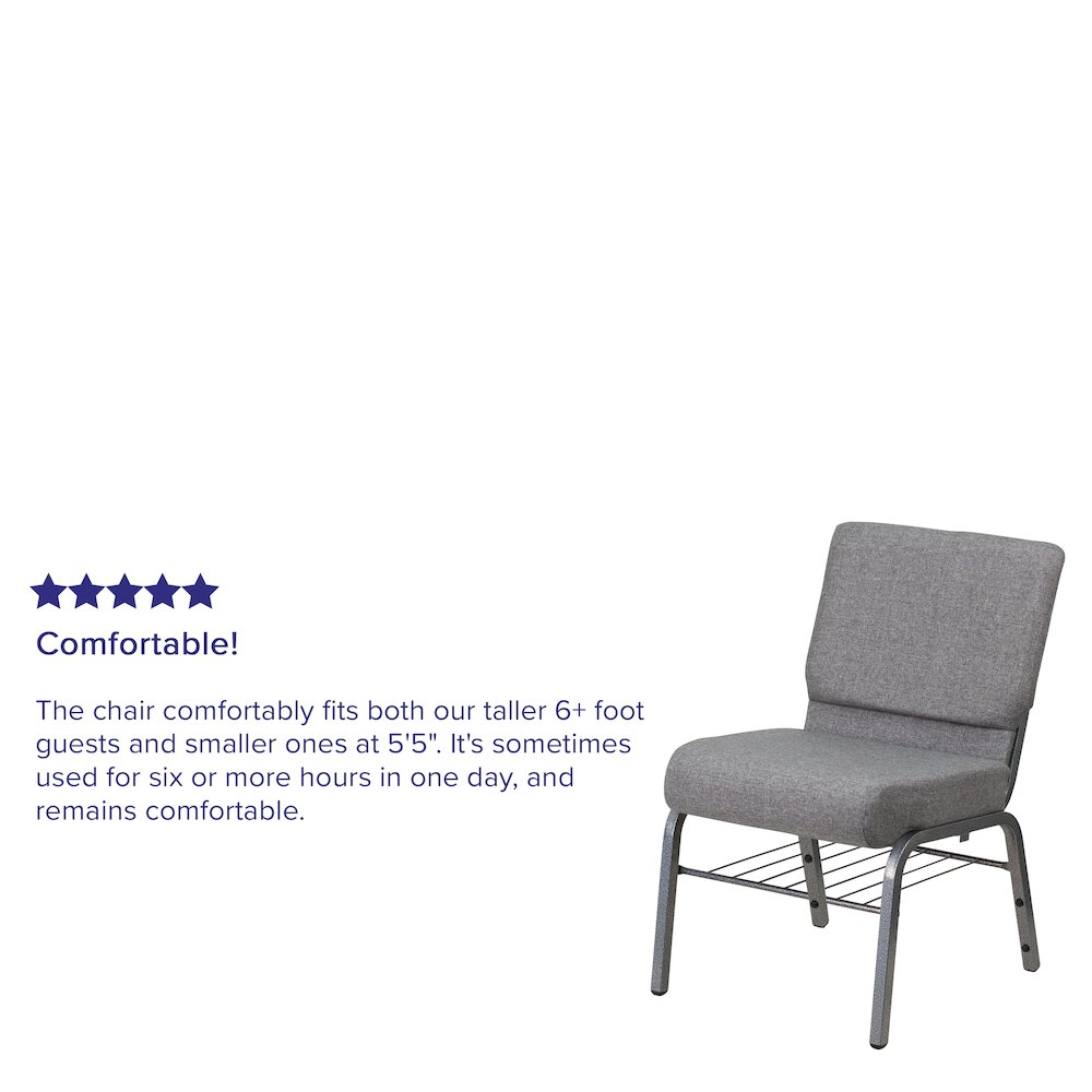 21''W Church Chair in Gray Fabric with Book Rack - Silver Vein Frame