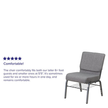 21''W Church Chair in Gray Fabric with Book Rack - Silver Vein Frame