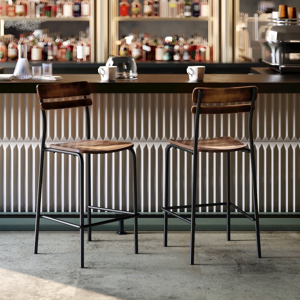Cyprus Solid Wood Bar Stool with Black Metal Frame and Antique Copper Finish