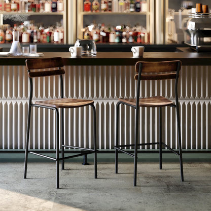 Cyprus Solid Wood Bar Stool with Black Metal Frame and Antique Copper Finish