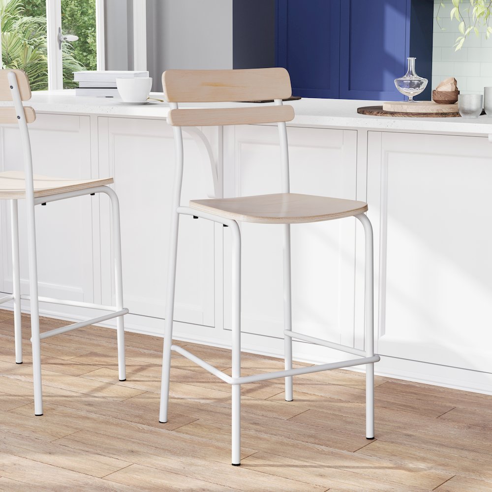 Cyprus Solid Wood Bar Stool with White Metal Frame and Antique White Finish