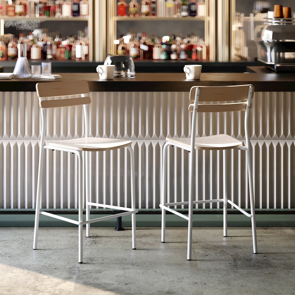 Cyprus Solid Wood Bar Stool with White Metal Frame and Antique White Finish