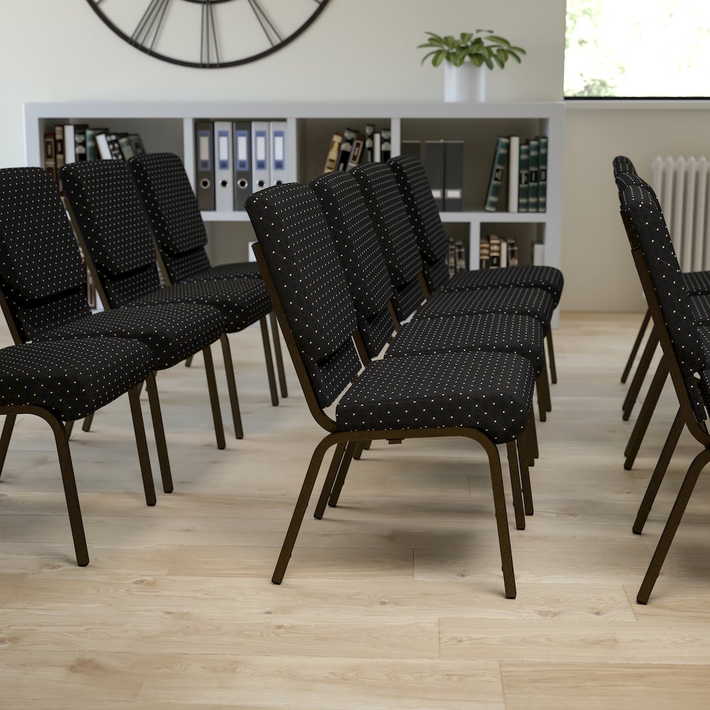 18.5''W Stacking Church Chair in Black Dot Patterned Fabric - Gold Vein Frame