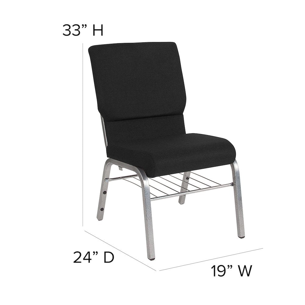18.5''W Church Chair in Black Fabric with Book Rack - Silver Vein Frame