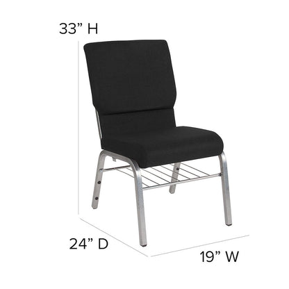 18.5''W Church Chair in Black Fabric with Book Rack - Silver Vein Frame