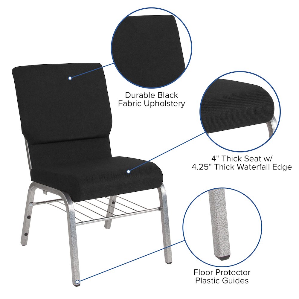 18.5''W Church Chair in Black Fabric with Book Rack - Silver Vein Frame