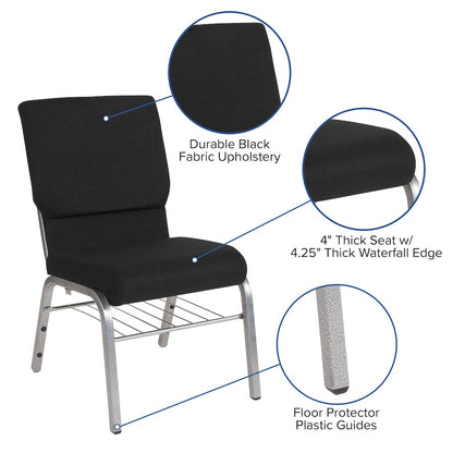 18.5''W Church Chair in Black Fabric with Book Rack - Silver Vein Frame
