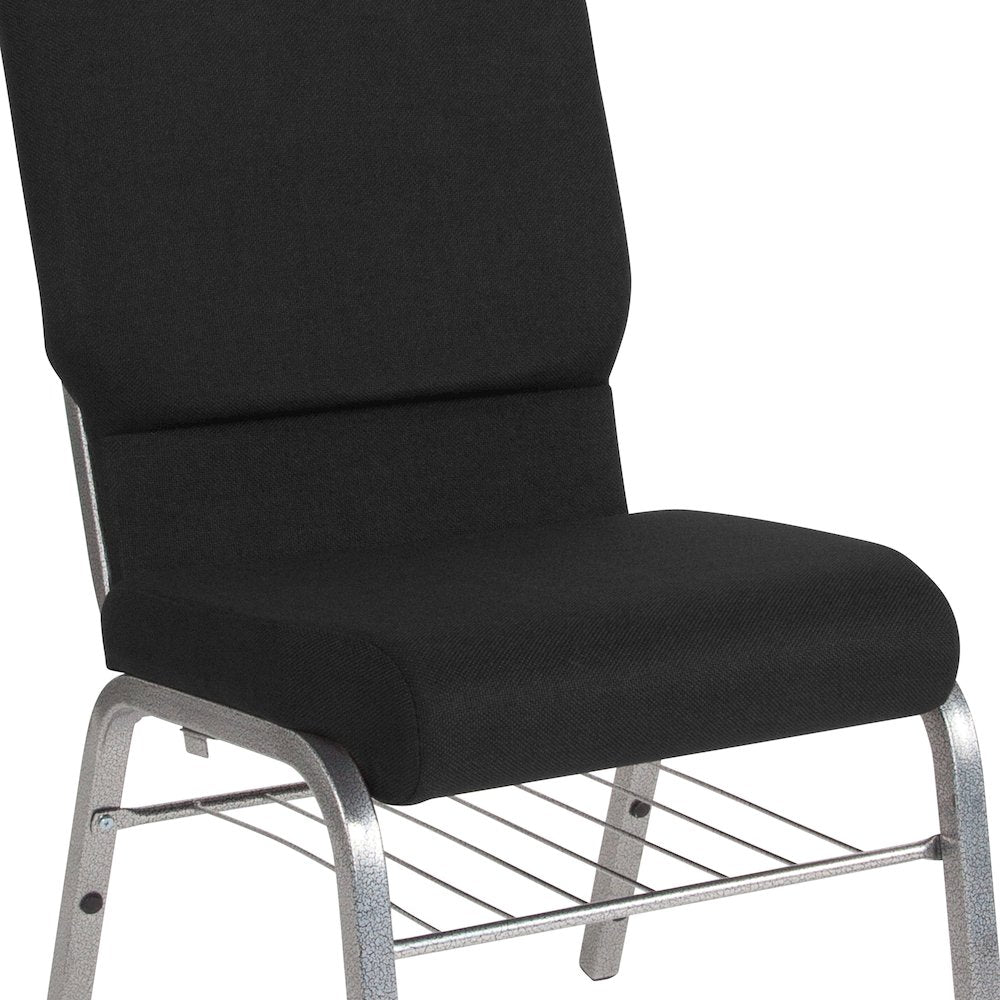 18.5''W Church Chair in Black Fabric with Book Rack - Silver Vein Frame