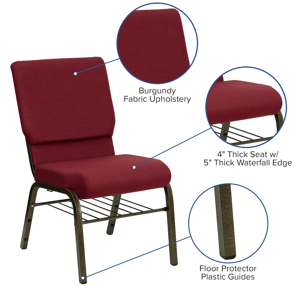18.5''W Church Chair in Burgundy Fabric with Book Rack - Gold Vein Frame