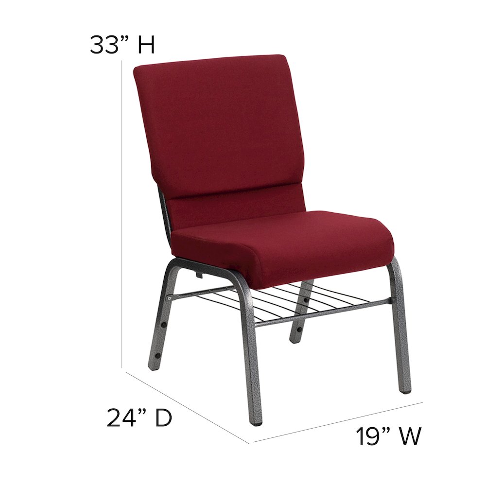 18.5''W Church Chair in Burgundy Fabric with Book Rack - Silver Vein Frame