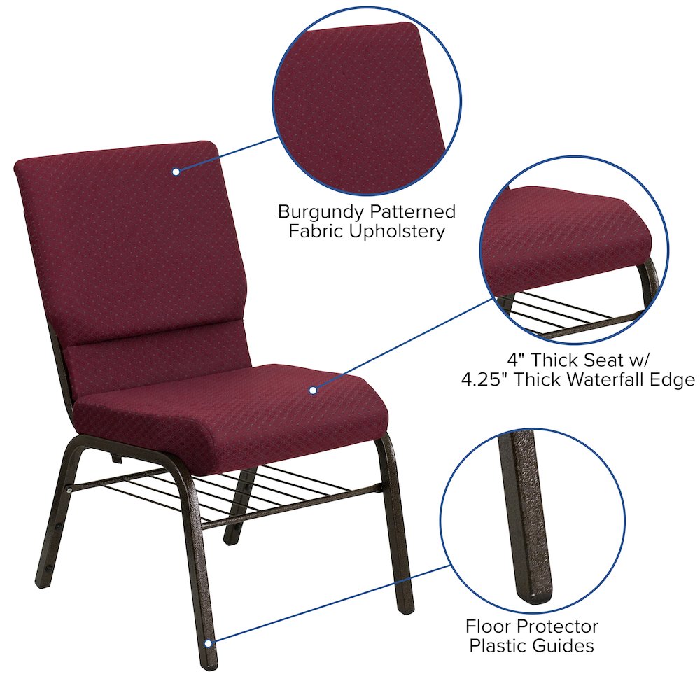 18.5''W Church Chair in Burgundy Patterned Fabric with Book Rack - Gold Vein Frame