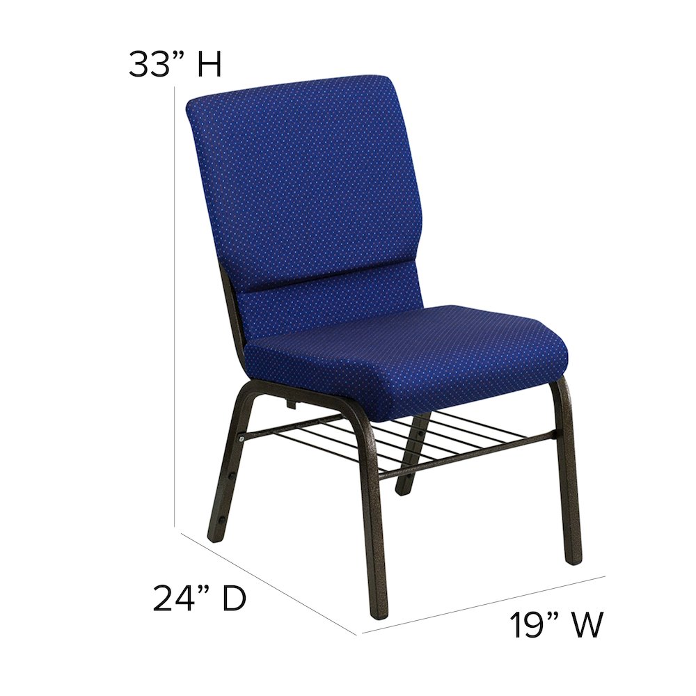 18.5''W Church Chair in Navy Blue Fabric with Book Rack - Gold Vein Frame