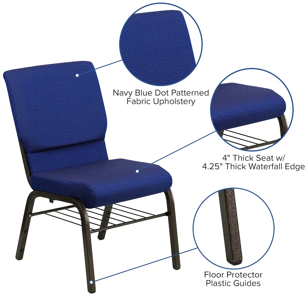 18.5''W Church Chair in Navy Blue Fabric with Book Rack - Gold Vein Frame