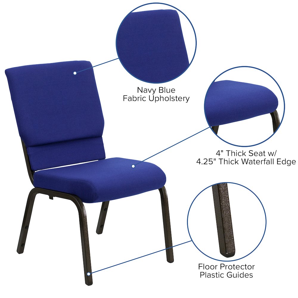 18.5''W Stacking Church Chair in Navy Blue Fabric - Gold Vein Frame