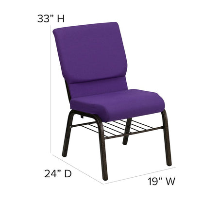 18.5''W Church Chair in Purple Fabric with Book Rack - Gold Vein Frame