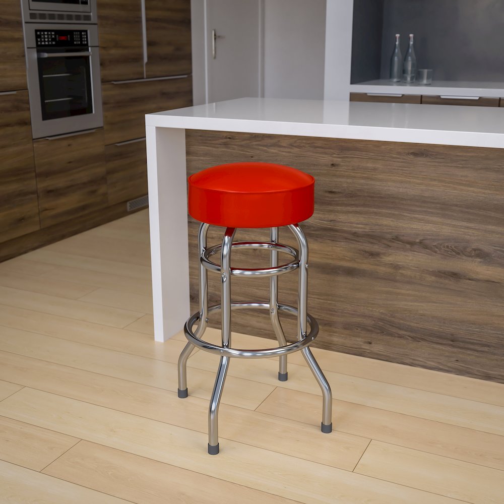 Double Ring Chrome Barstool with Red Seat