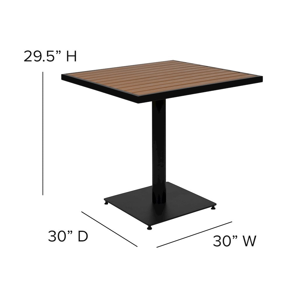 3 Piece Patio Dining Table Set - 30" Faux Teak Table, 2 Stacking Club Chairs