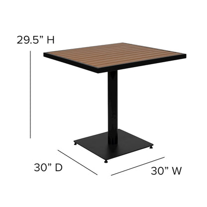 3 Piece Patio Dining Table Set - 30" Faux Teak Table, 2 Stacking Club Chairs