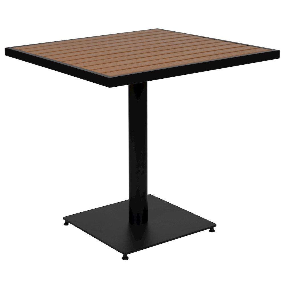 3 Piece Patio Dining Table Set - 30" Faux Teak Table, 2 Stacking Club Chairs