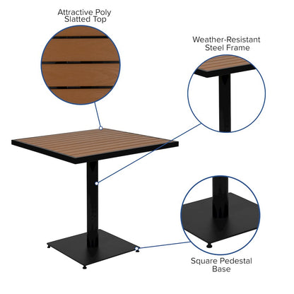 5 Piece Patio Dining Table Set - 30" Faux Teak Table, 4 Stacking Club Chairs