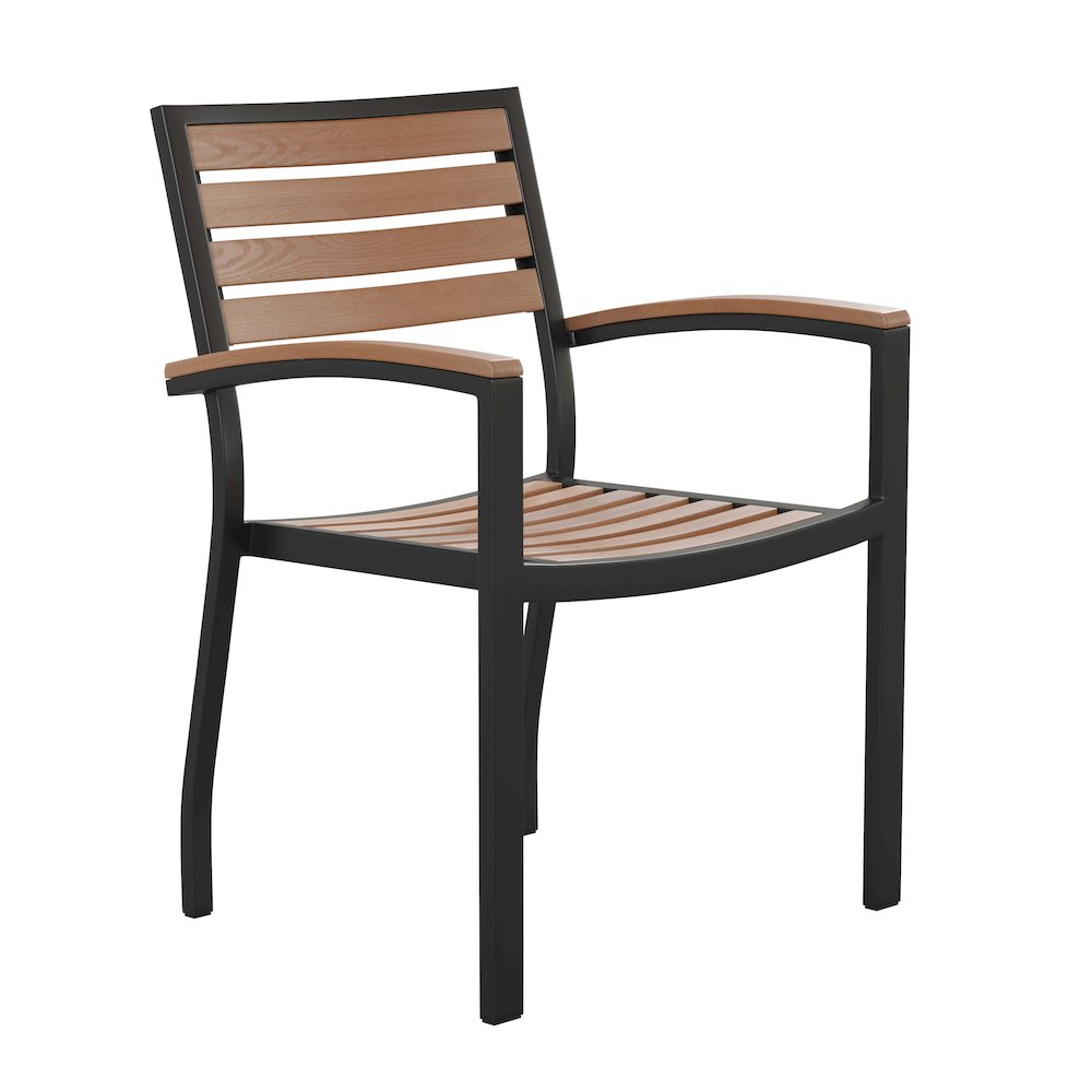 5 Piece Patio Dining Table Set - 30" Faux Teak Table, 4 Stacking Club Chairs