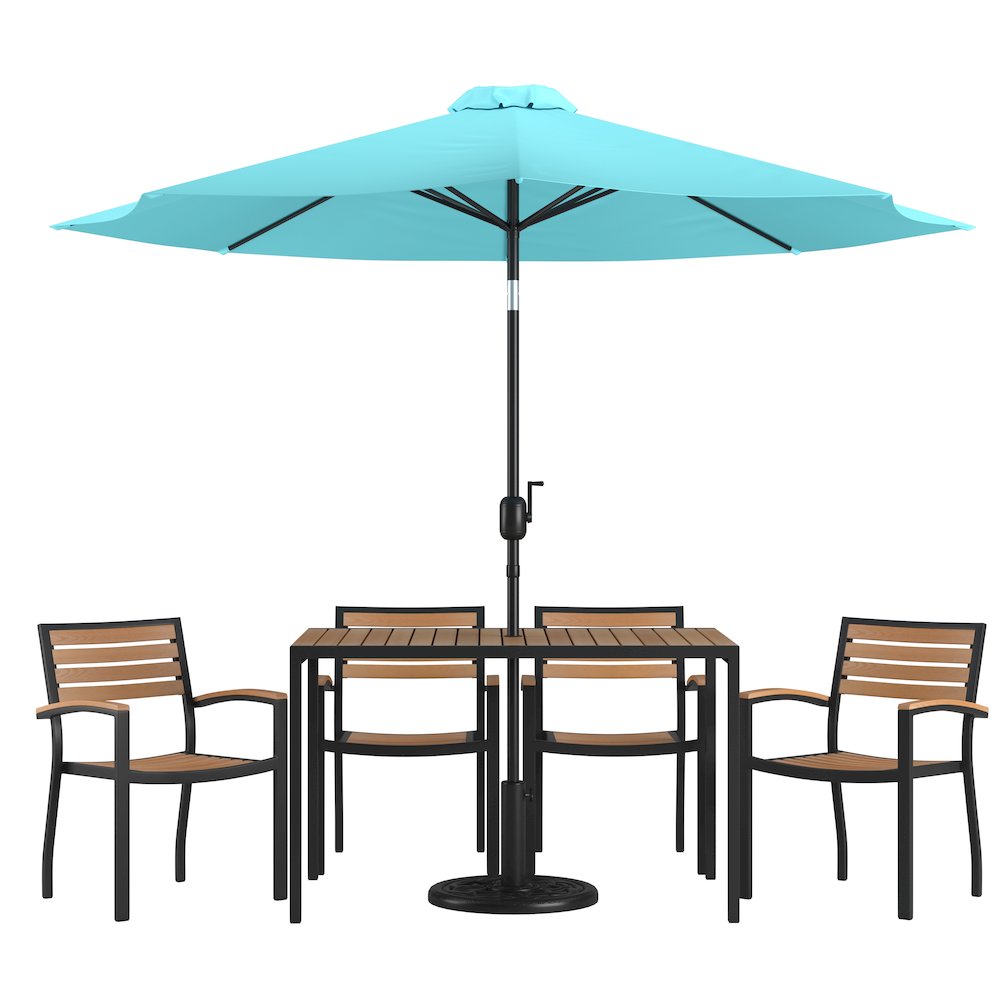 7 Piece Table Set with 4 Stackable Chairs, 30" x 48" Table, Teal Umbrella, Base