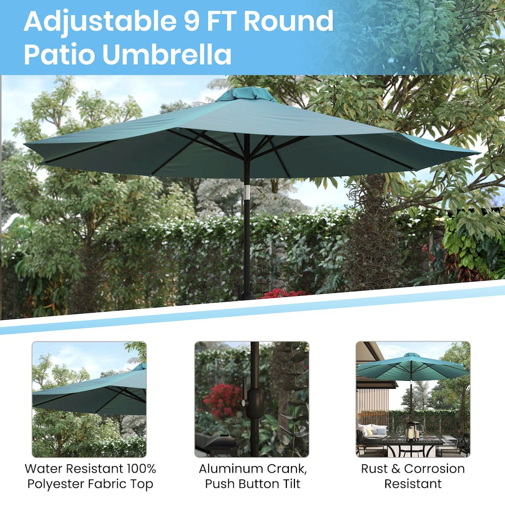 7 Piece Table Set with 4 Stackable Chairs, 30" x 48" Table, Teal Umbrella, Base