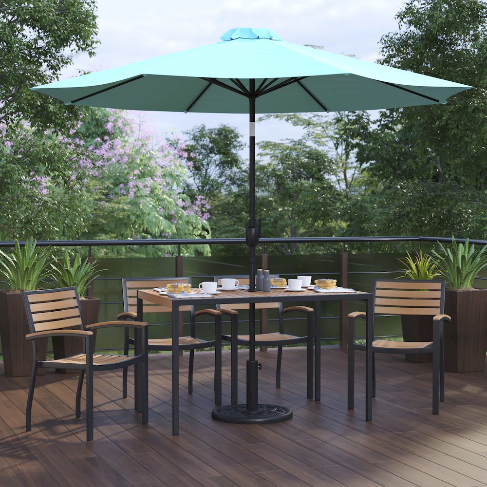 7 Piece Table Set with 4 Stackable Chairs, 30" x 48" Table, Teal Umbrella, Base