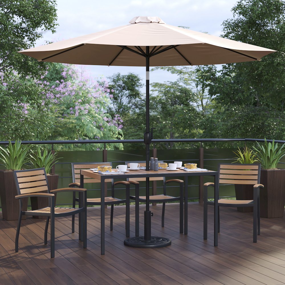 7 Piece Table Set with 4 Stackable Chairs, 30" x 48" Table, Tan Umbrella, Base
