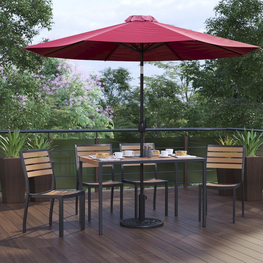 7 Piece Patio Set - 4 Stacking Chairs, 30" x 48" Table, Red Umbrella, Base