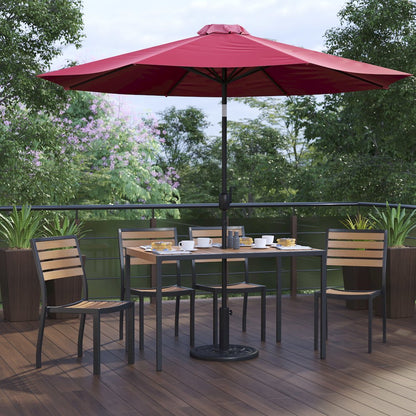 7 Piece Patio Set - 4 Stacking Chairs, 30" x 48" Table, Red Umbrella, Base
