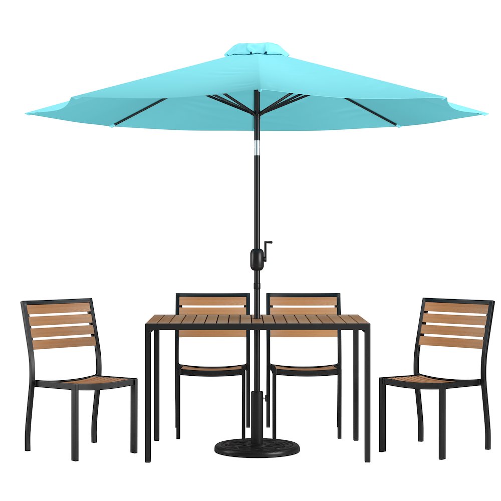 7 Piece Patio Set - 4 Stacking Chairs, 30" x 48" Table, Teal Umbrella, Base