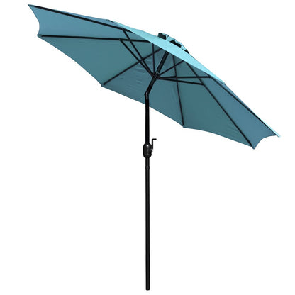 7 Piece Patio Set - 4 Stacking Chairs, 30" x 48" Table, Teal Umbrella, Base