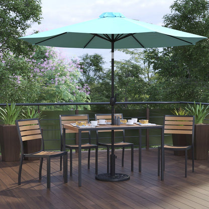 7 Piece Patio Set - 4 Stacking Chairs, 30" x 48" Table, Teal Umbrella, Base